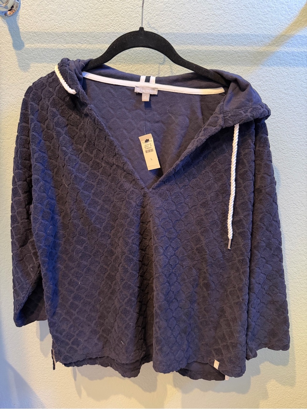 NWT Talbots Navy terry seashell Textured Hooded Pullover with White Trim, large